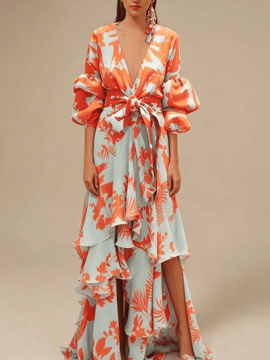 Dresses & Skirts - Red Elegant Women's A-Line V Neck & Kimono Sleeves Tropical Print Maxi Dress